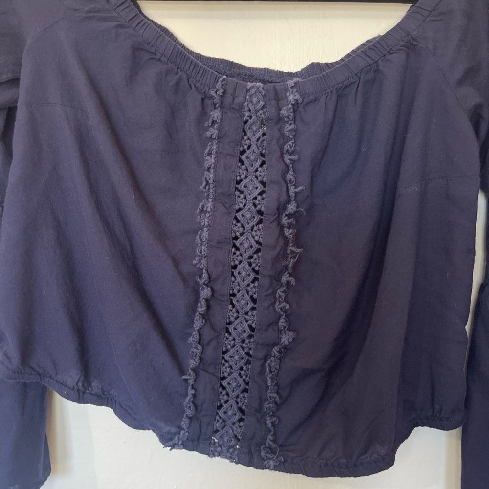 Rue21 Blue Crop Top with Lace Detail & Bell Sleeves - Picture 2 of 5